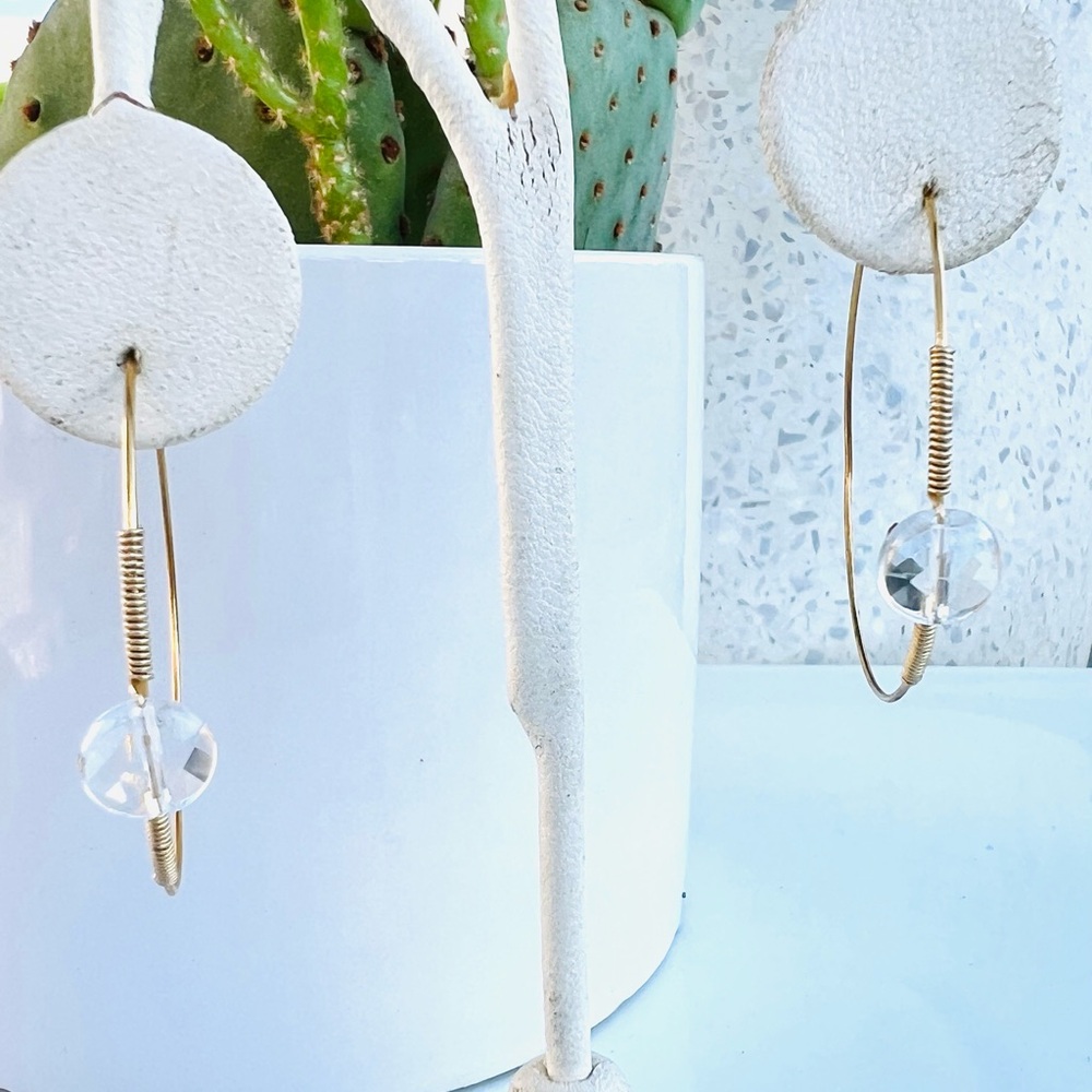 14kGF thin hoop earrings with clear recycled quartz stones